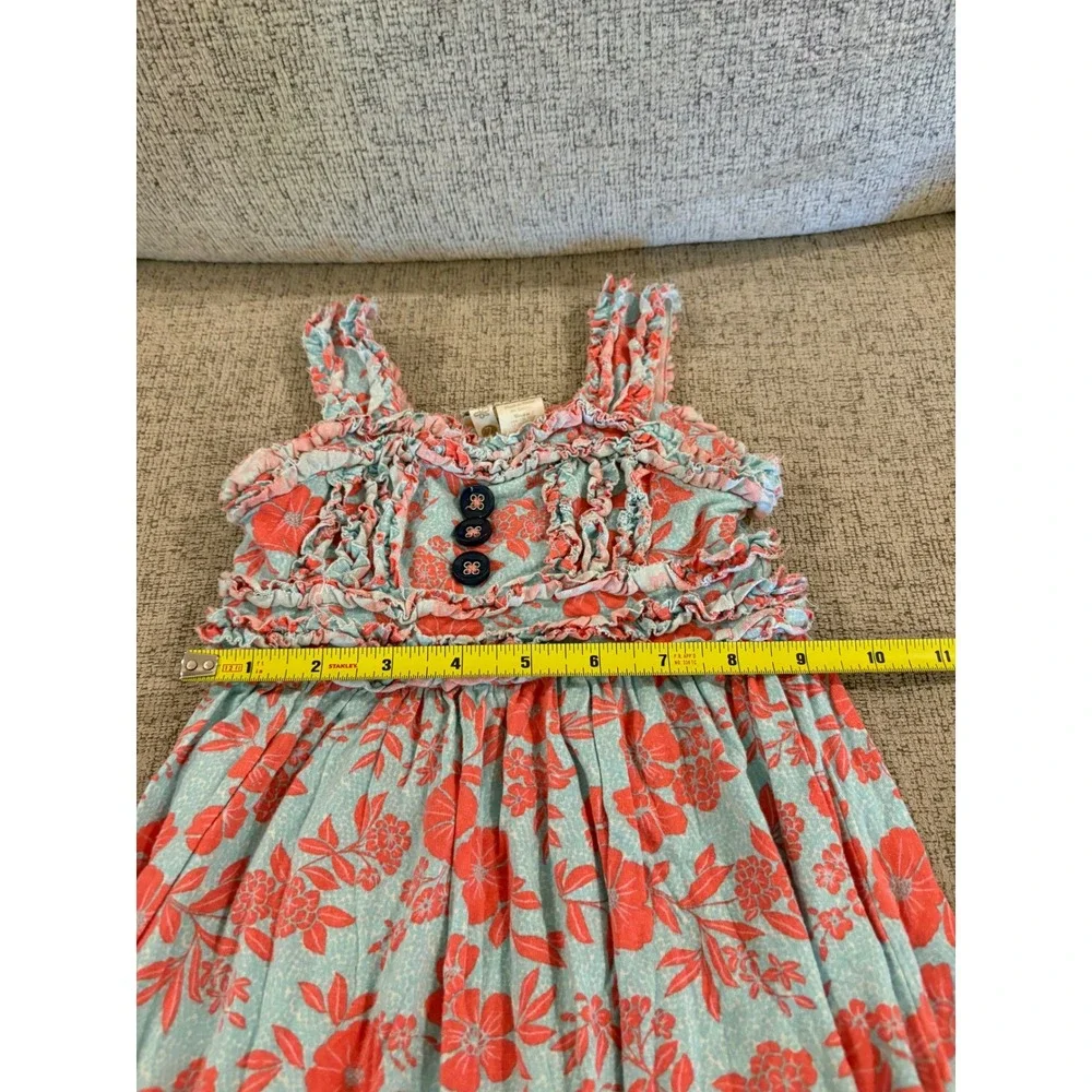 Matilda Jane Girls Coral Blue Floral Ruffle Dress Size 2 Sleeveless Knit Smocked